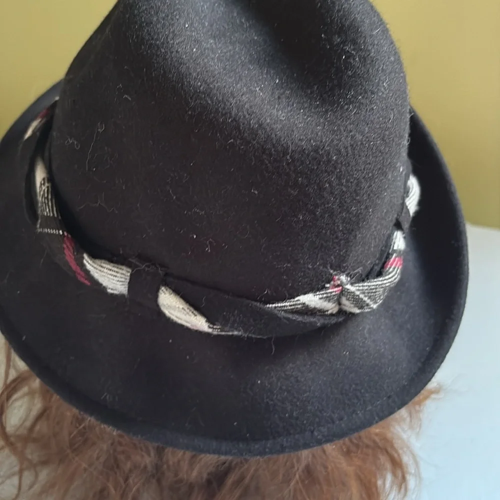 Trixie Black Wool Fedora with twisted plaid band One Size